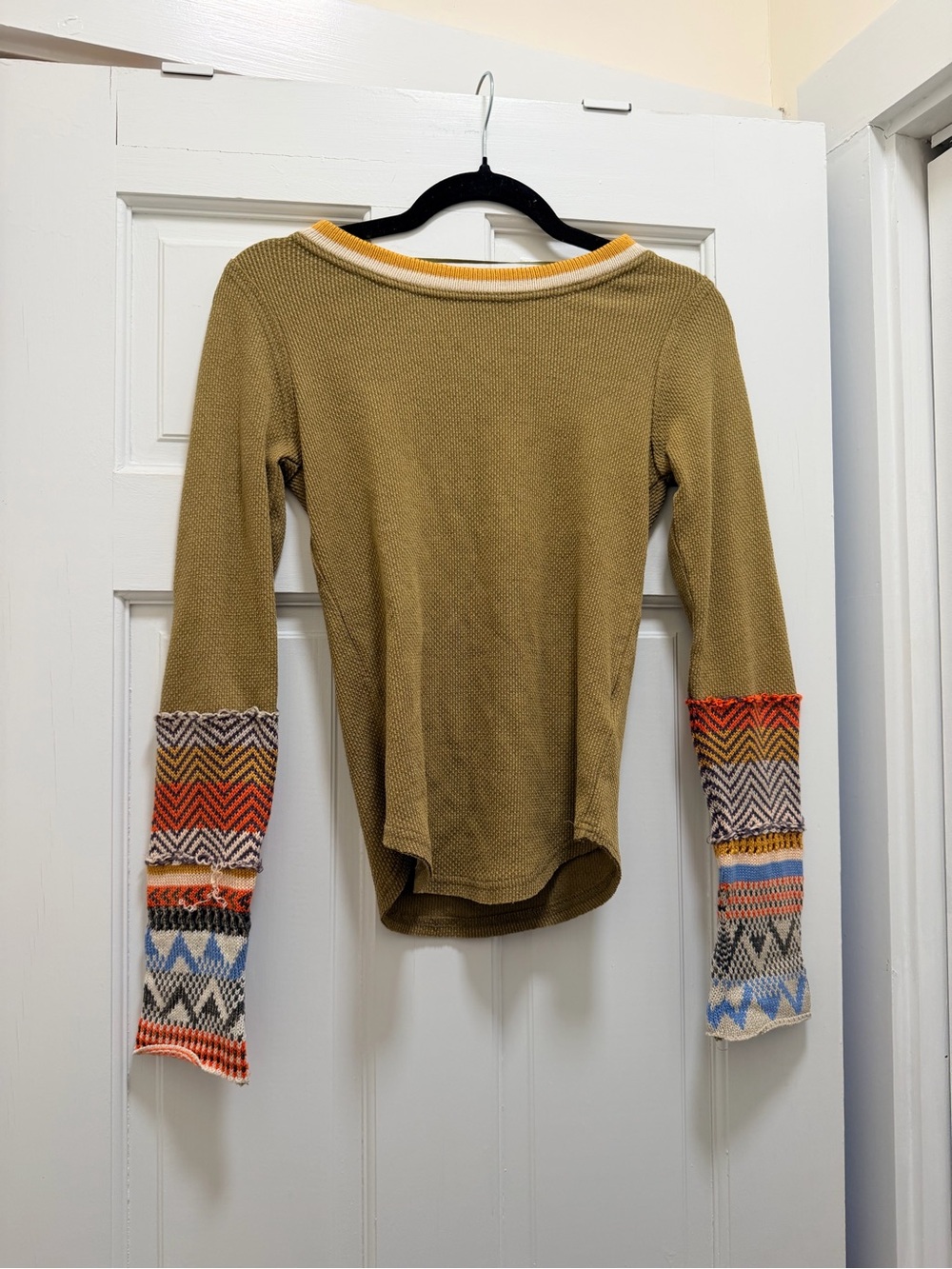 Free People Green Knit Long Sleeve Top with Multicolor Patterned Cuffs